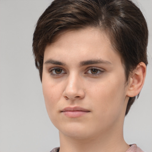 Neutral white young-adult female with short  brown hair and brown eyes