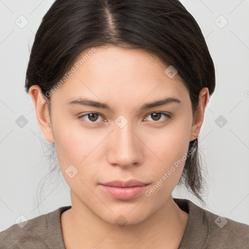 Neutral white young-adult female with medium  brown hair and brown eyes