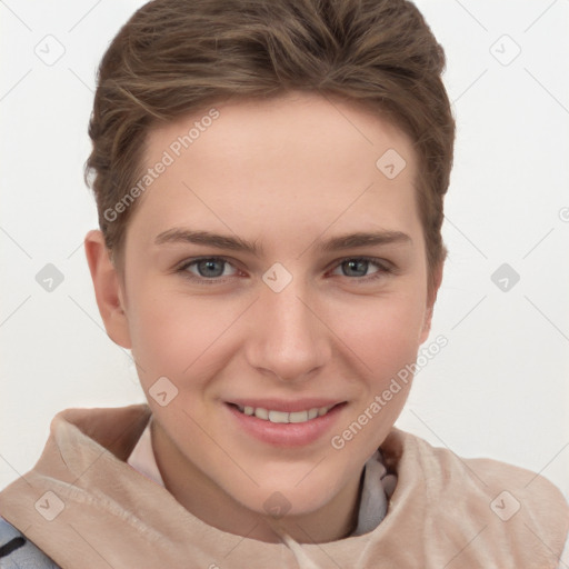 Joyful white young-adult female with short  brown hair and grey eyes