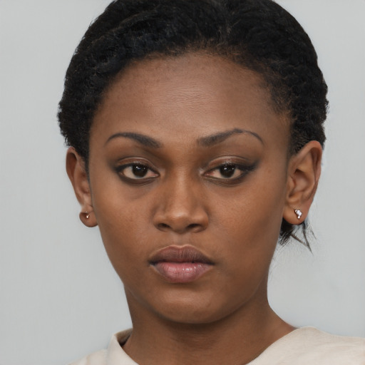 Neutral black young-adult female with short  brown hair and brown eyes