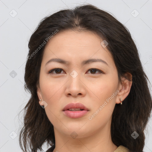 Joyful asian young-adult female with medium  brown hair and brown eyes