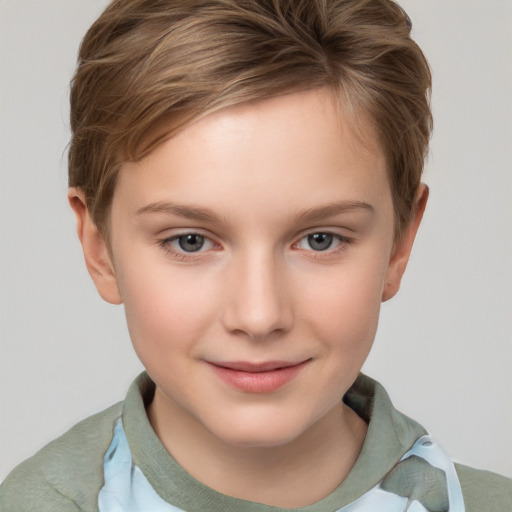 Joyful white child female with short  brown hair and grey eyes