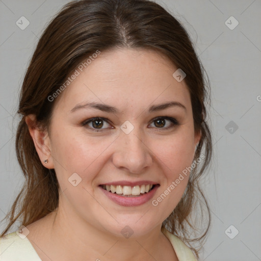 Joyful white young-adult female with medium  brown hair and brown eyes