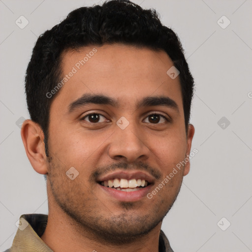 Joyful latino young-adult male with short  brown hair and brown eyes