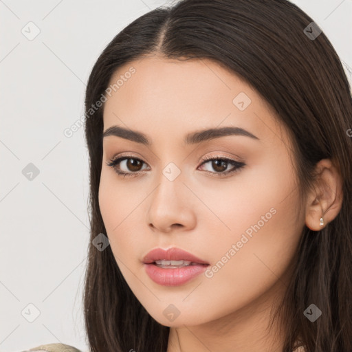 Neutral white young-adult female with long  brown hair and brown eyes