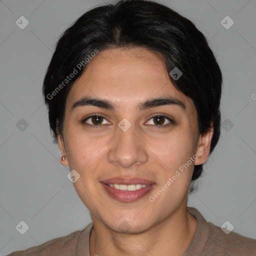 Joyful white young-adult female with short  brown hair and brown eyes