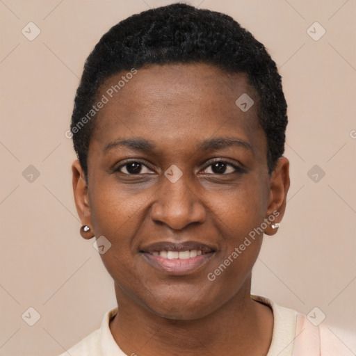 Joyful black young-adult female with short  black hair and brown eyes