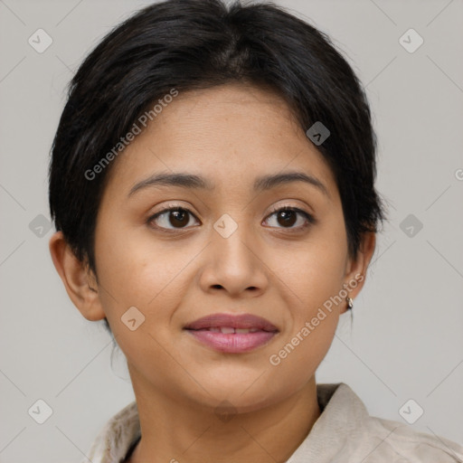 Joyful latino young-adult female with short  brown hair and brown eyes