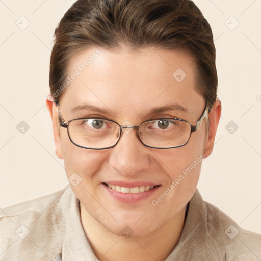 Joyful white adult female with short  brown hair and brown eyes