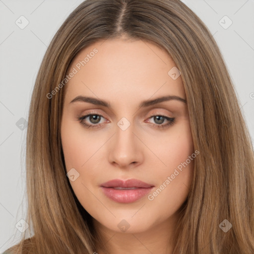 Neutral white young-adult female with long  brown hair and brown eyes