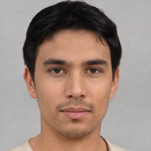 Neutral asian young-adult male with short  brown hair and brown eyes