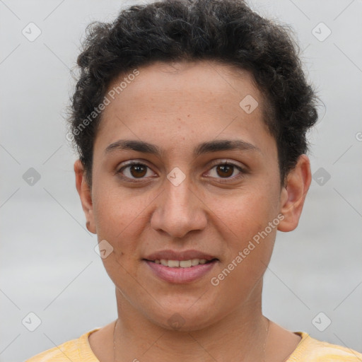 Joyful white young-adult female with short  brown hair and brown eyes