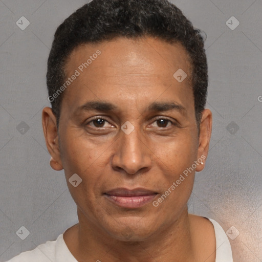 Joyful latino adult male with short  black hair and brown eyes