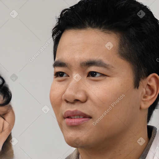 Neutral latino young-adult male with short  black hair and brown eyes