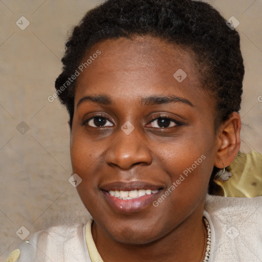 Joyful black young-adult female with medium  brown hair and brown eyes