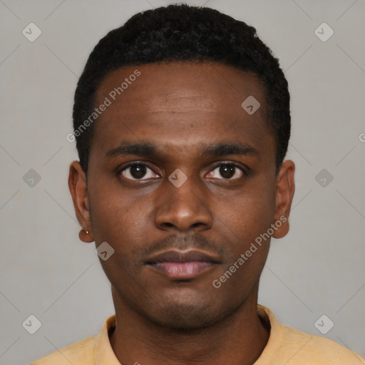 Neutral black young-adult male with short  black hair and brown eyes