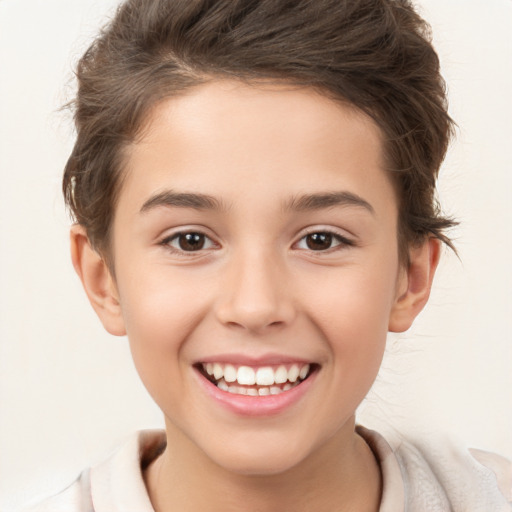 Joyful white child female with short  brown hair and brown eyes