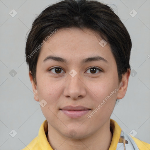 Joyful white young-adult female with short  brown hair and brown eyes