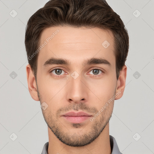 Neutral white young-adult male with short  brown hair and brown eyes