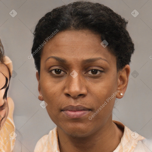 Neutral black young-adult female with short  brown hair and brown eyes