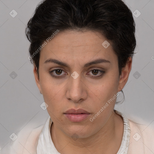 Neutral white young-adult female with short  brown hair and brown eyes