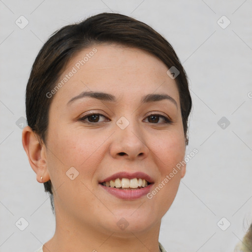 Joyful white young-adult female with short  brown hair and brown eyes