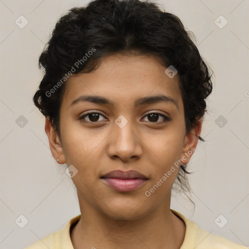 Joyful latino young-adult female with short  brown hair and brown eyes