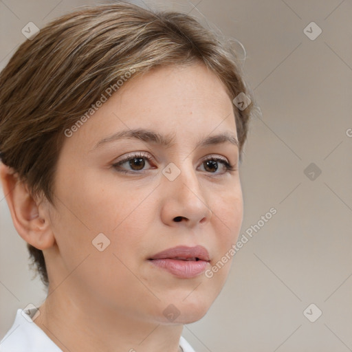 Neutral white young-adult female with medium  brown hair and brown eyes