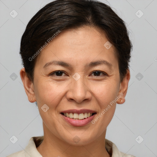 Joyful white adult female with short  brown hair and brown eyes