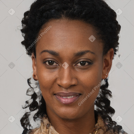 Joyful black young-adult female with medium  black hair and brown eyes