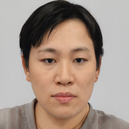 Neutral asian young-adult female with short  black hair and brown eyes