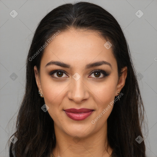 Joyful latino young-adult female with long  brown hair and brown eyes