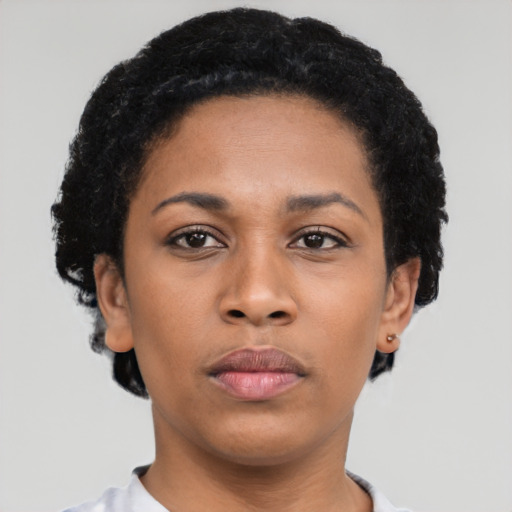 Neutral latino young-adult female with short  black hair and brown eyes