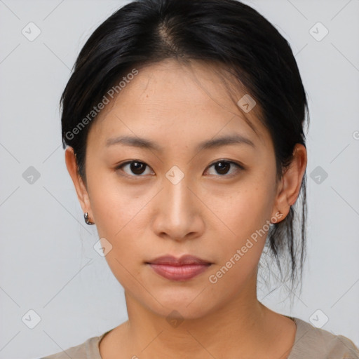 Neutral asian young-adult female with medium  brown hair and brown eyes