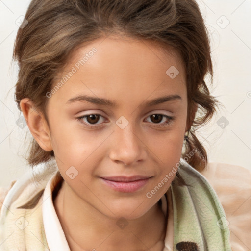 Joyful white child female with medium  brown hair and brown eyes