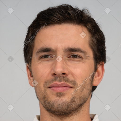 Neutral white adult male with short  brown hair and brown eyes