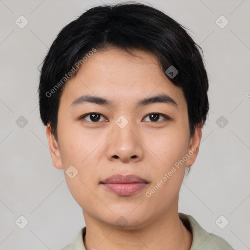 Neutral asian young-adult male with short  black hair and brown eyes