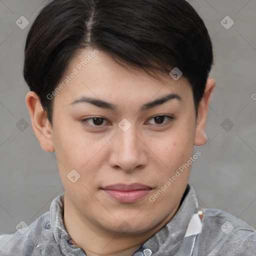 Joyful asian young-adult female with short  brown hair and brown eyes