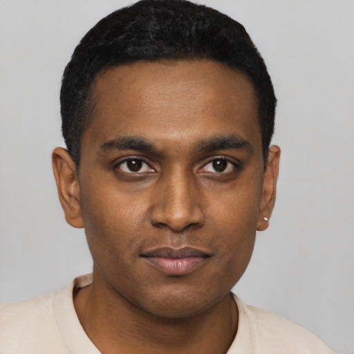 Neutral black young-adult male with short  black hair and brown eyes