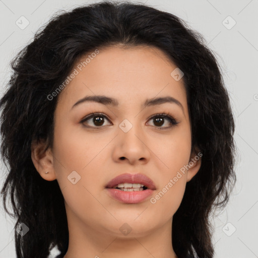 Joyful asian young-adult female with long  brown hair and brown eyes