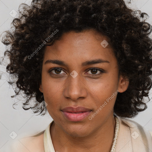 Neutral black young-adult female with medium  brown hair and brown eyes