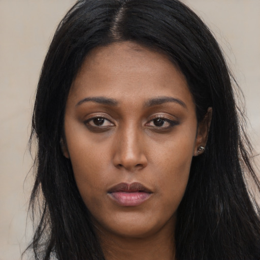 Neutral asian young-adult female with long  black hair and brown eyes