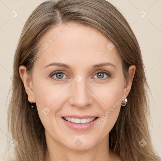 Joyful white young-adult female with long  brown hair and grey eyes