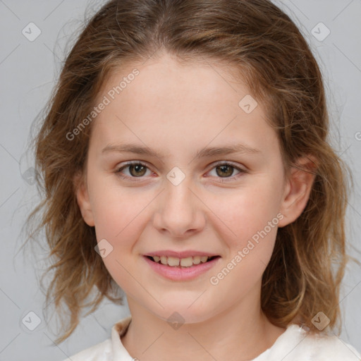 Joyful white child female with medium  brown hair and brown eyes