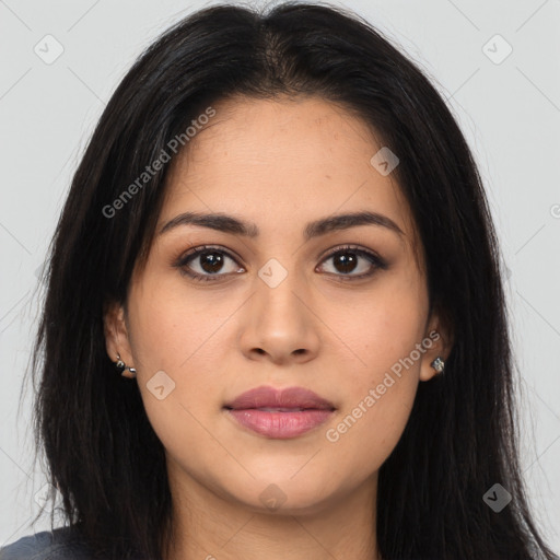 Joyful asian young-adult female with long  brown hair and brown eyes