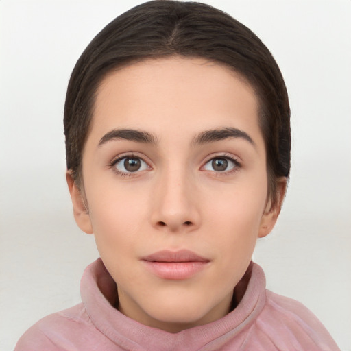 Neutral white young-adult female with short  brown hair and brown eyes