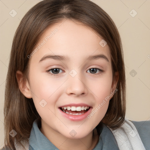 Joyful white child female with medium  brown hair and brown eyes