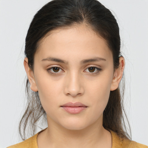 Neutral white young-adult female with medium  brown hair and brown eyes