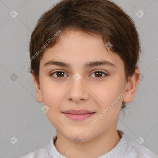 Joyful white child female with short  brown hair and brown eyes