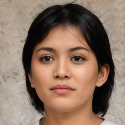 Neutral asian young-adult female with medium  black hair and brown eyes